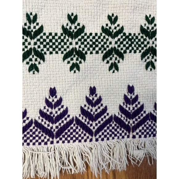Embroided Yarn Blanket Green Purple Diamond Leaf 50 x 58 in plus Fringe - Picture 6 of 13